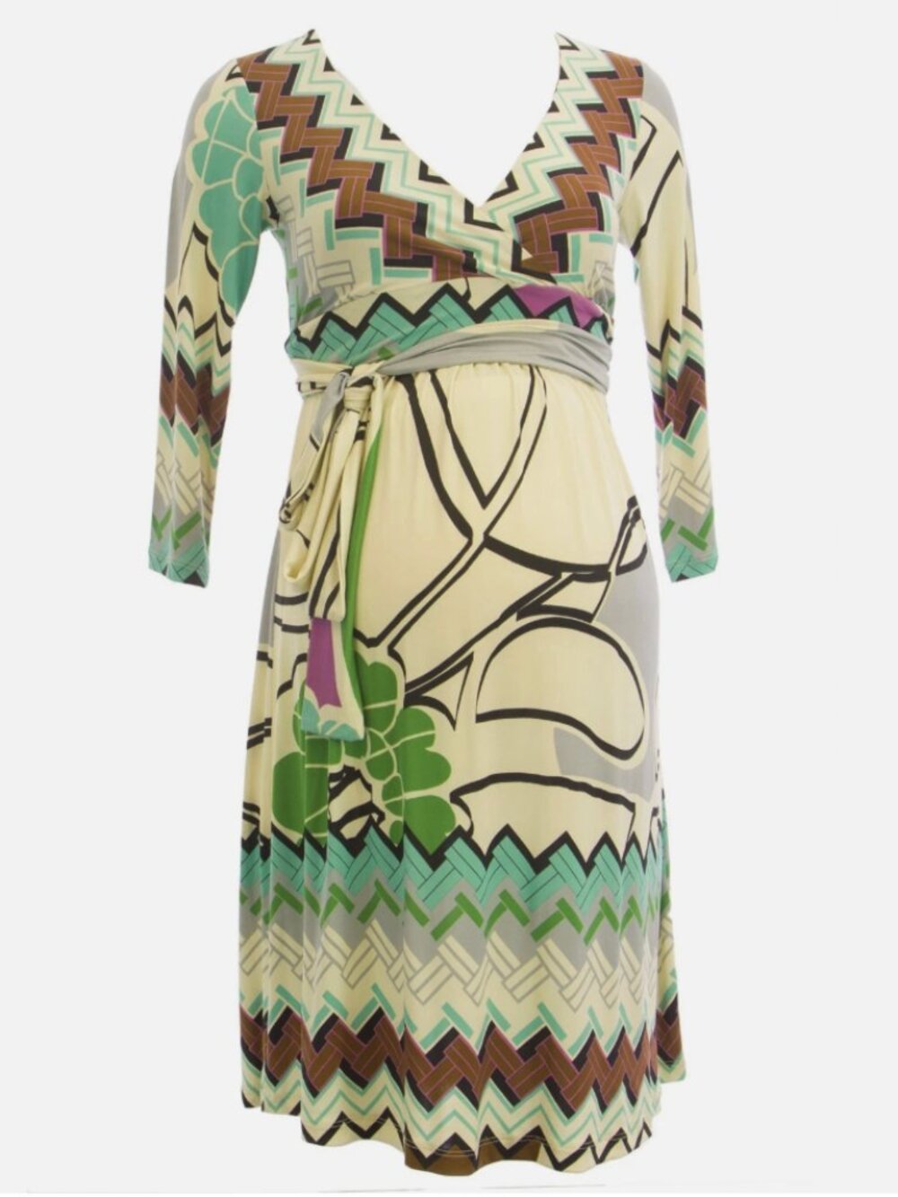 OLIAN Maternity Ivory Print Geometric Print Wrap Around Sash Dress X-Small